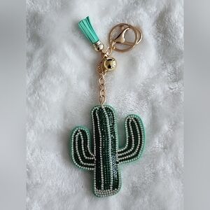 Green Cactus Keychain with Gold Accents Bag Charm
